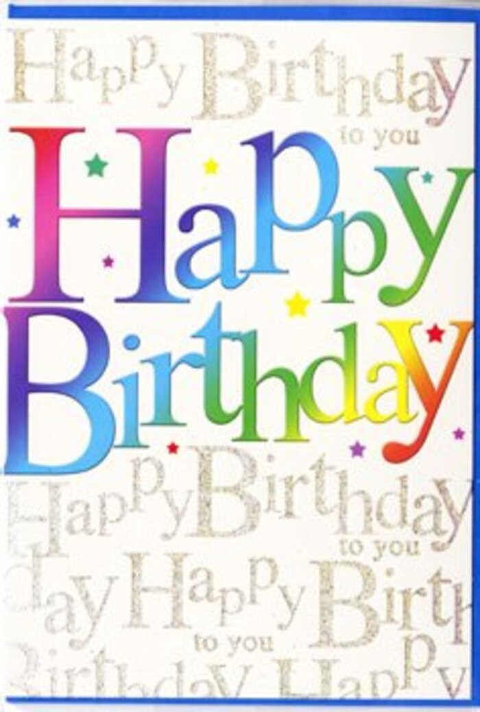 The photograph captures a striking birthday card whose front practically sings with colour and celebration, reminiscent of the easy, creative spirit found in the independent shops and studios tucked around De Beauvoir Town. The main focus is the large Happy Birthday message that sweeps across the card in full, confident lettering. Instead of a single flat colour, each letter flows into the next through a smooth gradient of jewel-like tones-starting with berry reds, slipping into warm coral and golden yellow, then moving into fresh spring greens, sea blues, and finally deep twilight purples. The transition between colours is seamless, as if an artist had softly brushed pigments together on a canvas. Behind this vibrant headline, the entire background is filled with repeating lines of Happy Birthday to you rendered in fine, looping gold script. The writing is delicate and slightly slanted, evoking the care of a handwritten note. Under the light, the metallic script shimmers subtly, like the soft twinkle of fairy lights at an intimate birthday gathering in a De Beauvoir back garden. Tiny dots and specks of colour appear around the lettering, echoing the look of confetti or scattered sugar sprinkles, enhancing the sense of movement and fun. The card's surface appears smooth with a silky sheen, giving the design a polished, high-quality feel. Overall, the image conveys a mood of wholehearted celebration-cheerful, warm, and just a little bit luxurious-ideal for marking a special birthday with the same thoughtful attention you'd expect from a local florist arranging a bespoke bouquet.