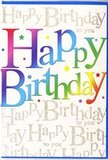 In this image, a radiant birthday card fills the frame, its design as uplifting as strolling past the leafy terraces of De Beauvoir Town on a clear day. The central feature is the bold Happy Birthday greeting, printed in large, rounded letters that glow with a soft, blended rainbow effect. Colour drifts gently from one letter to the next-crimson to mandarin orange, buttercup to bright lime, then into aqua, cobalt, and royal violet-creating a smooth, prismatic sweep that feels light-hearted and celebratory rather than loud. Each letter has a soft, almost velvety look, as though it has been airbrushed with care. Behind this joyful statement, the background is filled with delicate lines of Happy Birthday to you repeated in fine gold script. The handwriting-style font loops and curls gracefully, adding a layer of elegance beneath the playful colours. Under the light, the gold appears to shimmer just enough to catch the eye, like sunlight glancing off windows along De Beauvoir Road. Scattered across the design, small dots and flecks of colour mimic tiny stars or pieces of confetti, reinforcing the feeling of a party in full swing. The card itself has a smooth, satiny finish that subtly reflects the surrounding light, giving depth and richness to the colours. Altogether, the image conveys the warmth and excitement of a thoughtfully chosen birthday greeting, the sort of cheerful card you might pair with a bright, seasonal bouquet delivered to a friend or family member celebrating nearby.